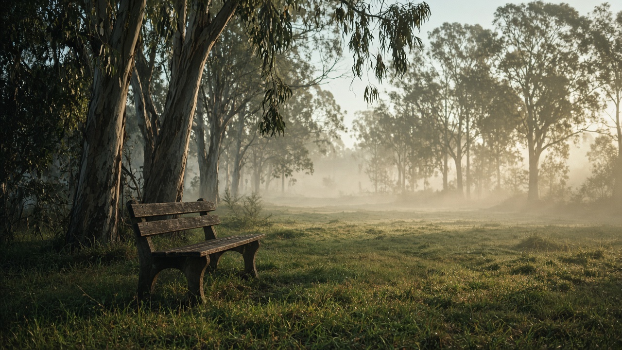 Calm misty parkland with a wooden bench among eucalyptus trees